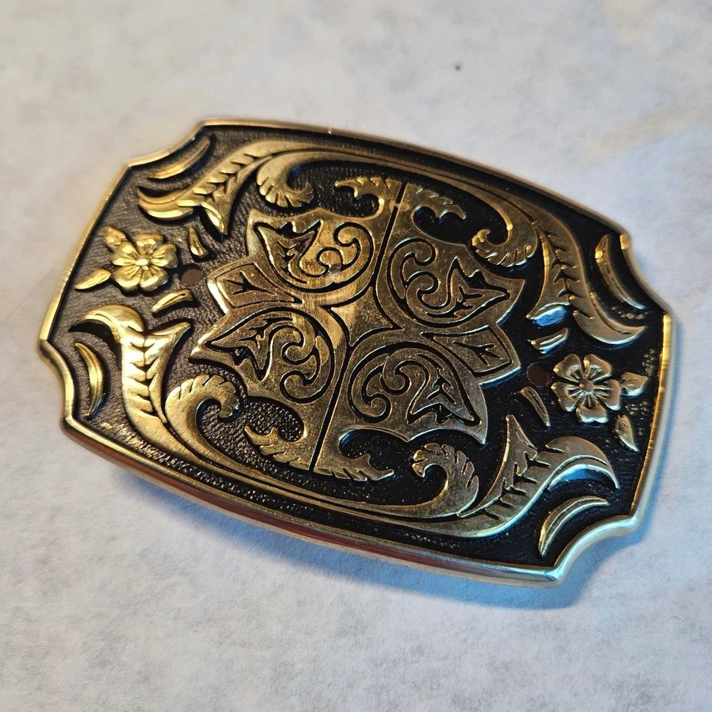 Vintage Style Floral Scrollwork Belt Buckle Two Tone Gold Black Western Boho